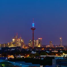 Frankfurt TV tower ‘Europaturm’ shines in EU blue until the European elections.